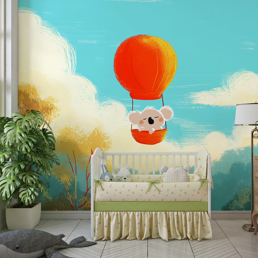 Adventure hot air balloon wallpaper creating dreamy atmosphere in children's bedroom