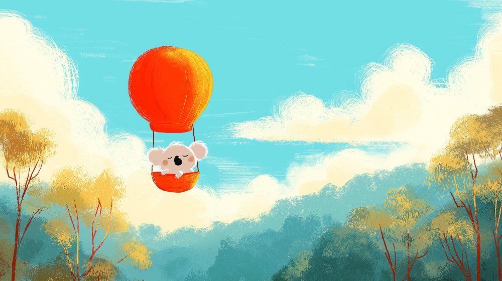 Detailed koala hot air balloon mural wallpaper design pattern with golden trees by Kids-Mundo