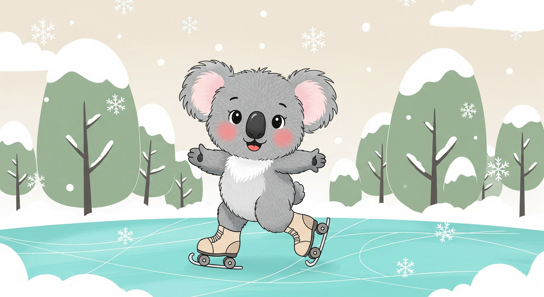 Detailed koala ice skating mural wallpaper design pattern showing winter wonderland scene by Kids-Mundo