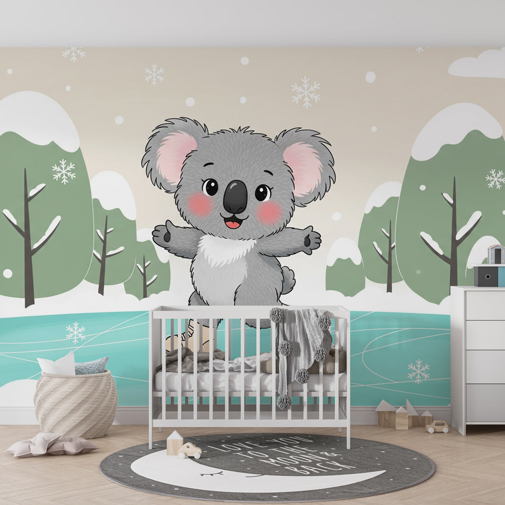 Adorable koala skating wallpaper bringing winter magic to kids playroom by Kids-Mundo