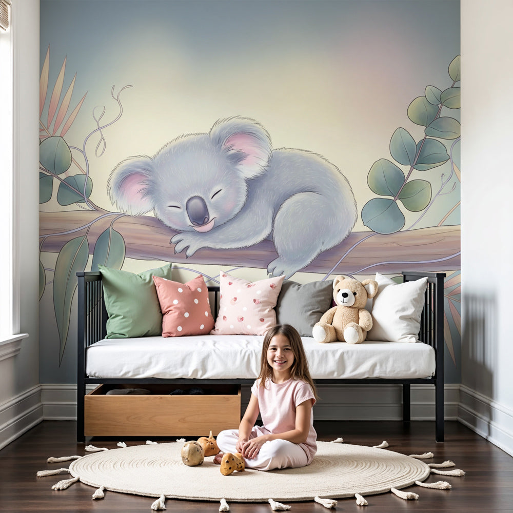 Sleeping koala jungle mural wallpaper in peaceful nursery setting by Kids-Mundo