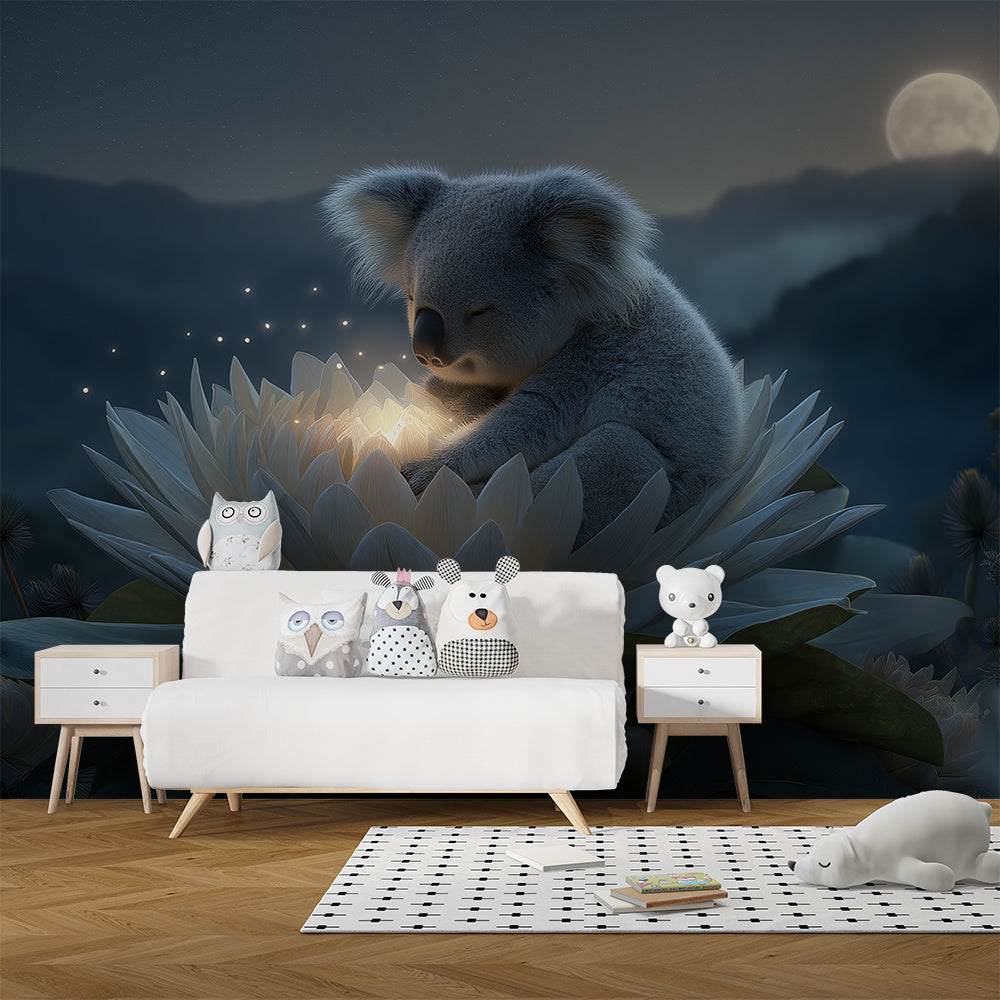Kids-Mundo koala wall mural behind a bed in a dreamy, starlit kids bedroom setting