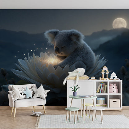 Kids-Mundo koala wall mural on a wall in a cosy children's playroom reading corner