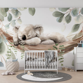 Peaceful koala eucalyptus wallpaper creating serene atmosphere in baby bedroom decor