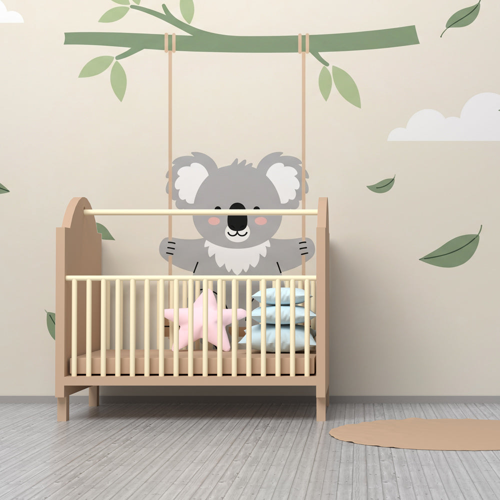 Peaceful koala mural wallpaper creating serene atmosphere in baby bedroom decor