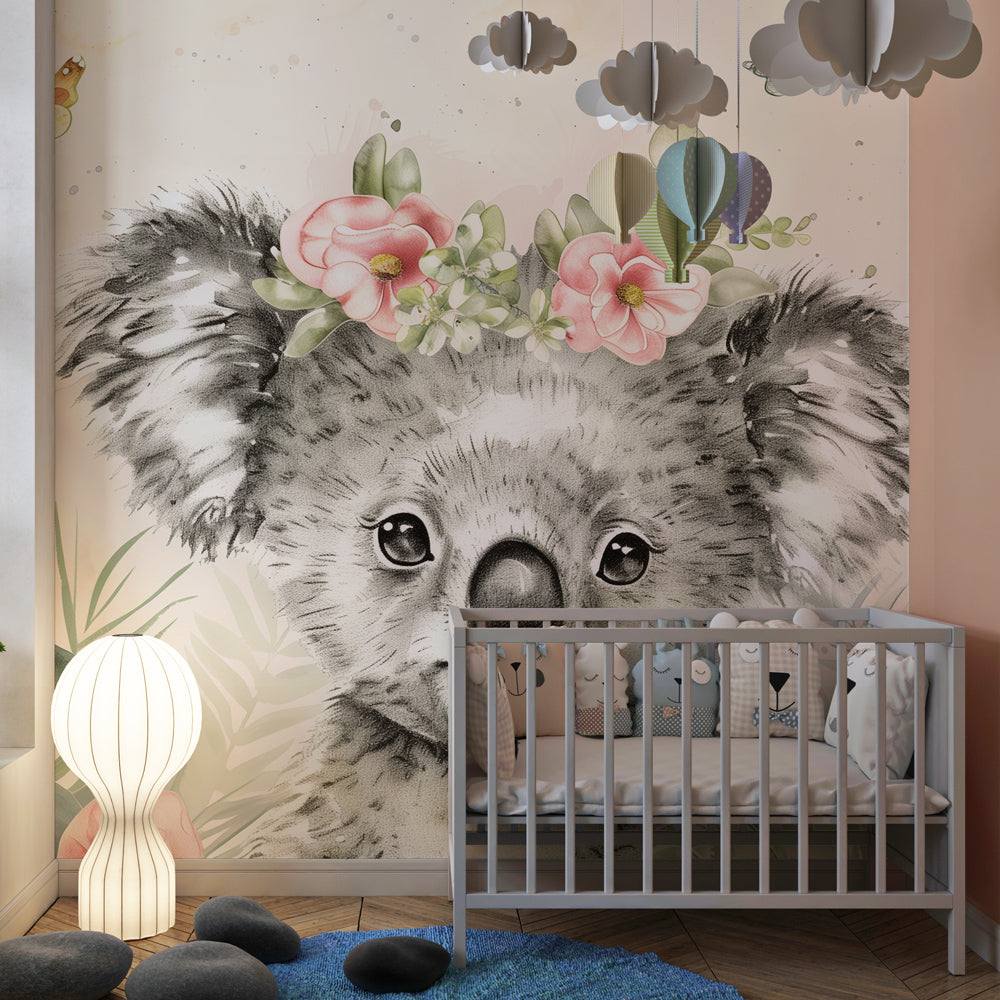 Pastel koala wallpaper transforming baby bedroom into gentle sanctuary space
