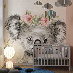 Pastel koala wallpaper transforming baby bedroom into gentle sanctuary space