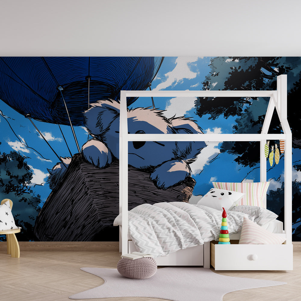 Whimsical koala hot air balloon mural wallpaper for calming baby room decor by Kids-Mundo