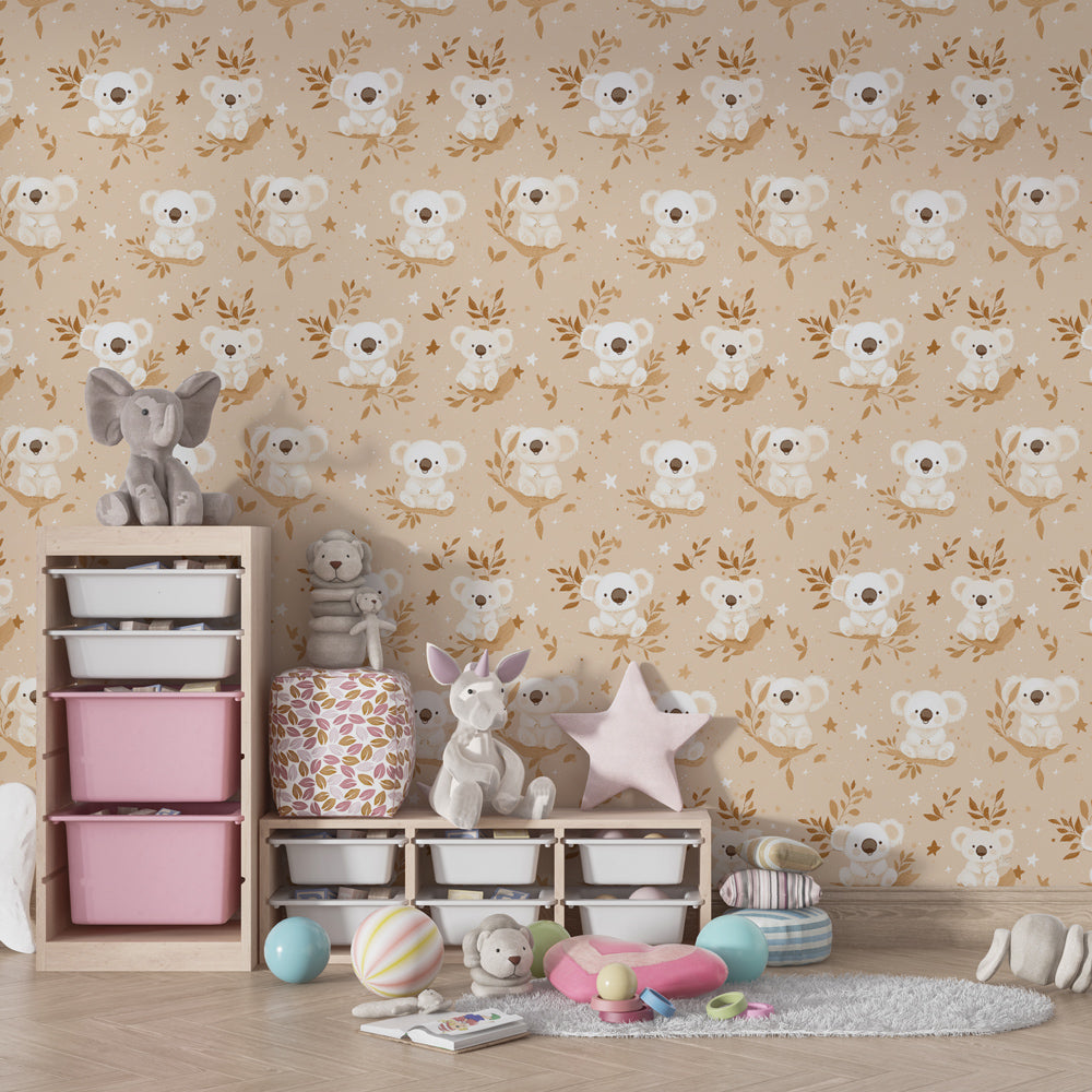 Australian koala wallpaper in children's bedroom with natural wood furniture and soft lighting