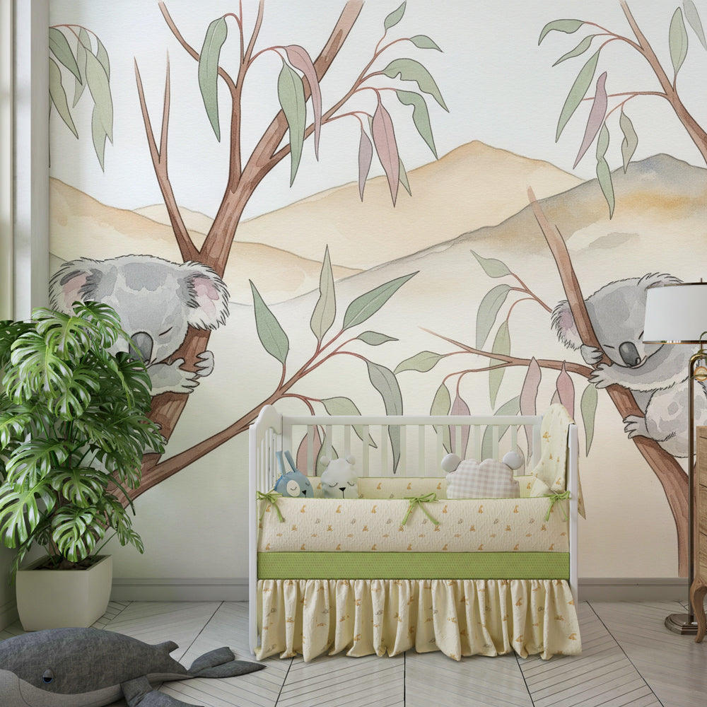 Sleeping koalas eucalyptus wallpaper creating serene children's bedroom atmosphere