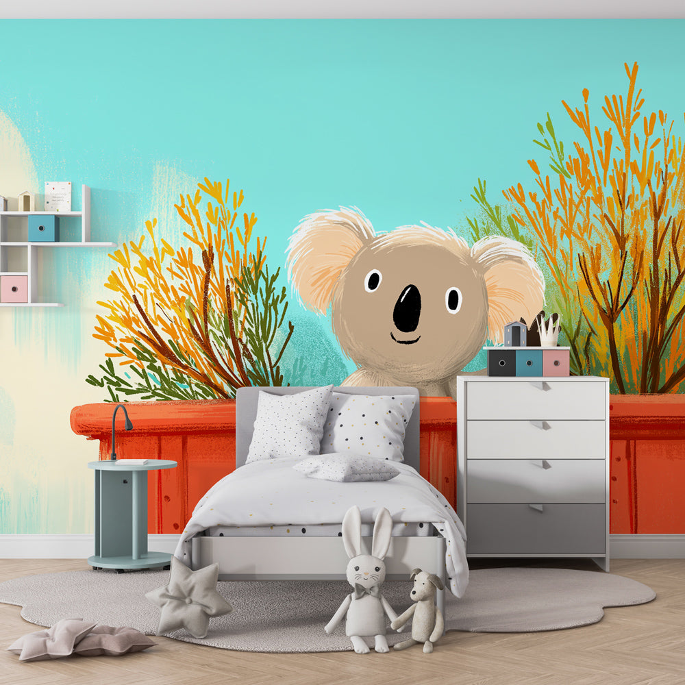Friendly koala forest wallpaper creating magical children's bedroom atmosphere