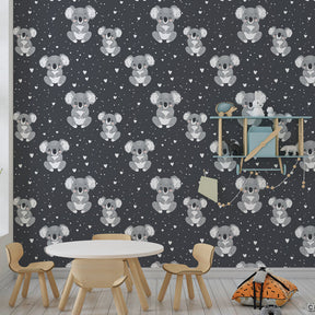 Gray koala wallpaper transforming children's bedroom with sweet animal design and star accents