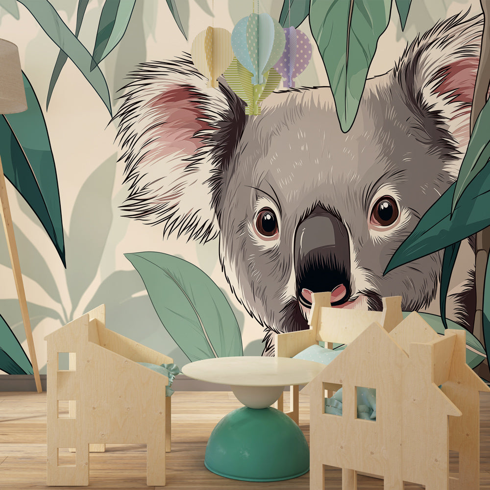 Lush koala wallpaper transforming kids bedroom into nature sanctuary with green botanical elements