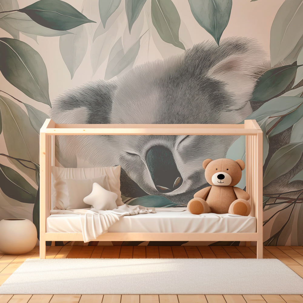 Koala and foliage mural wallpaper creating serene atmosphere in children's bedroom decor