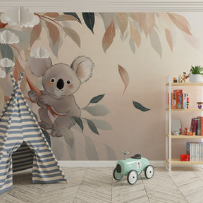 Cuddly koala wallpaper transforming kids bedroom into nature sanctuary with gentle foliage design