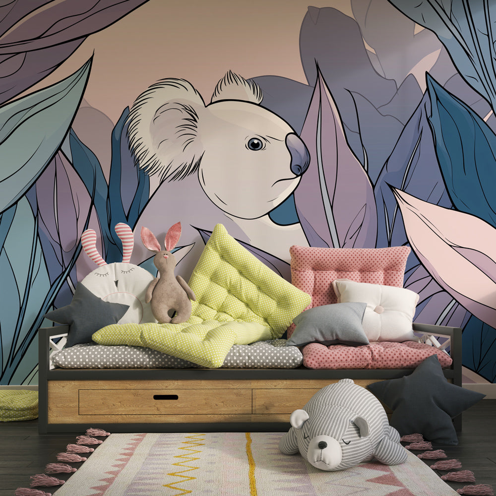 Australian koala wildlife wallpaper in modern kids bedroom with wood furniture by Kids-Mundo