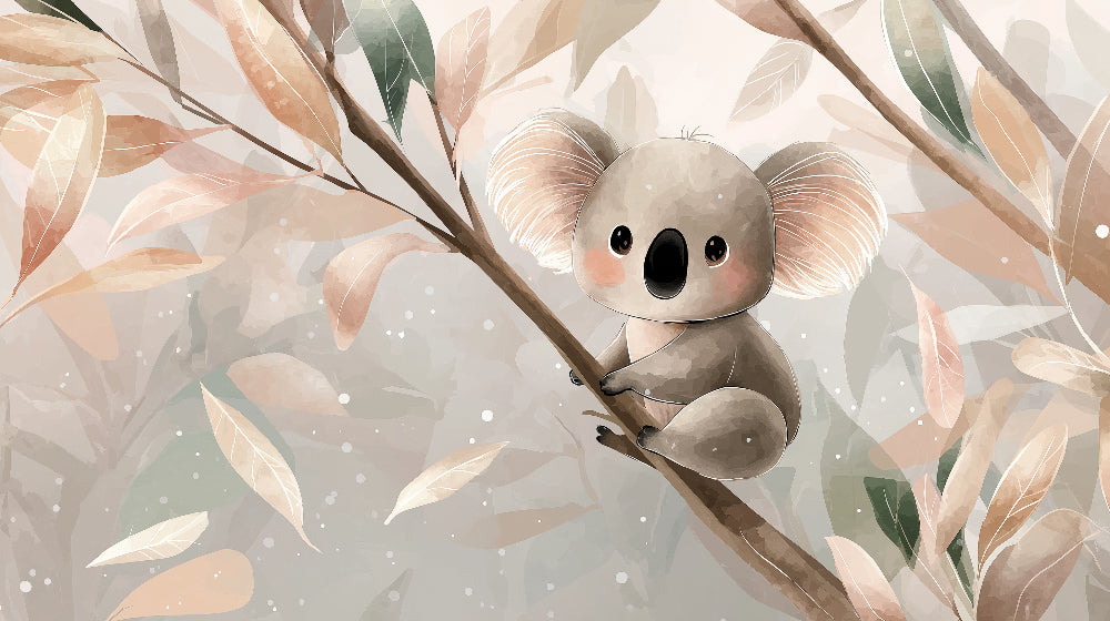 Detailed koala and branch mural wallpaper design pattern with pastel leaves by Kids-Mundo