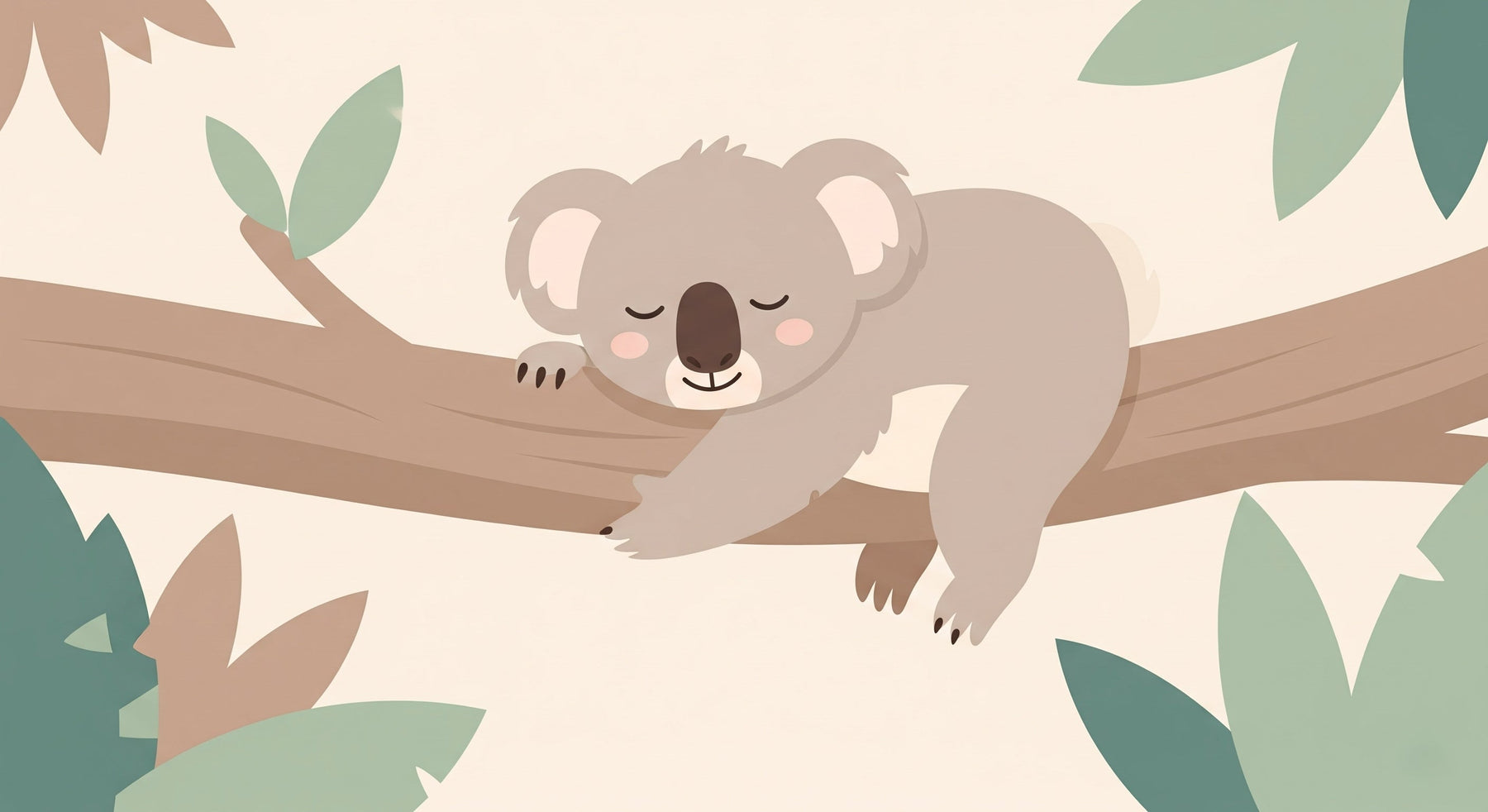Detailed sleeping koala mural wallpaper design pattern with branch and leaves by Kids-Mundo