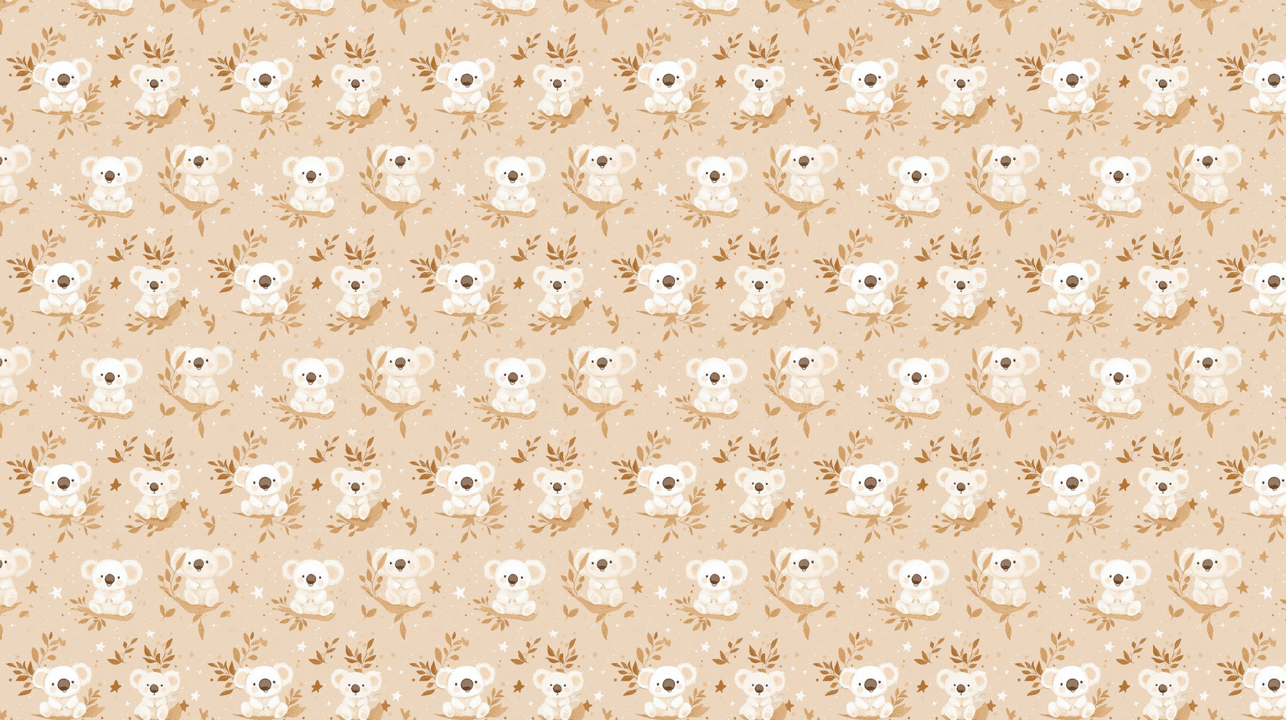 Detailed koala mural wallpaper design pattern showing eucalyptus leaves in beige tones by Kids-Mundo