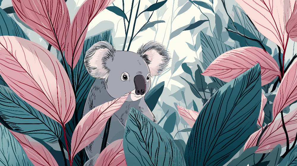 Detailed koala and foliage mural wallpaper design pattern showing blue pink jungle theme by Kids-Mundo
