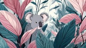 Detailed koala and foliage mural wallpaper design pattern showing blue pink jungle theme by Kids-Mundo