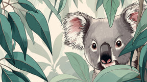 Detailed koala and foliage mural wallpaper design pattern showing botanical elements by Kids-Mundo