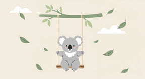 Detailed koala swing mural wallpaper design pattern with floating leaves by Kids-Mundo