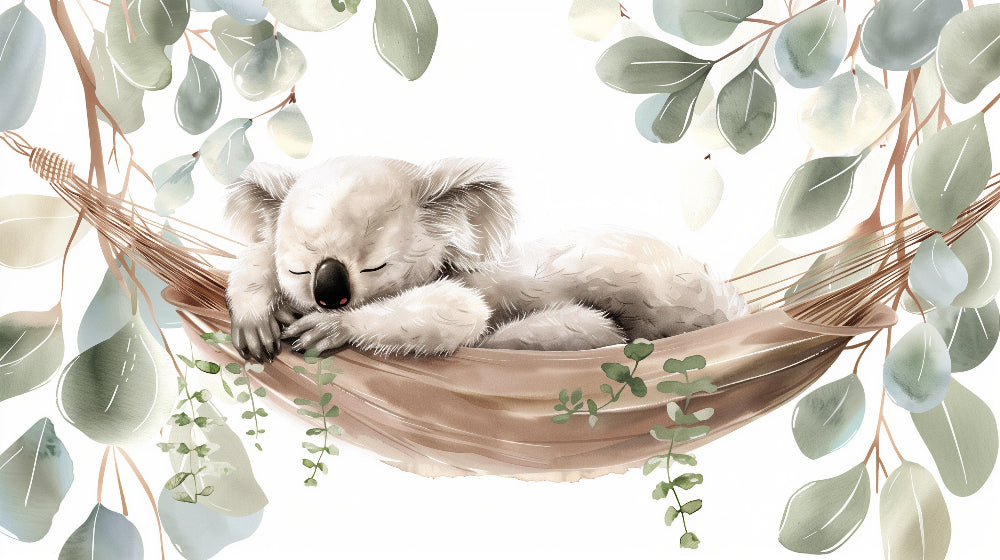 Detailed koala sleeping in hammock mural wallpaper design pattern with eucalyptus foliage by Kids-Mundo