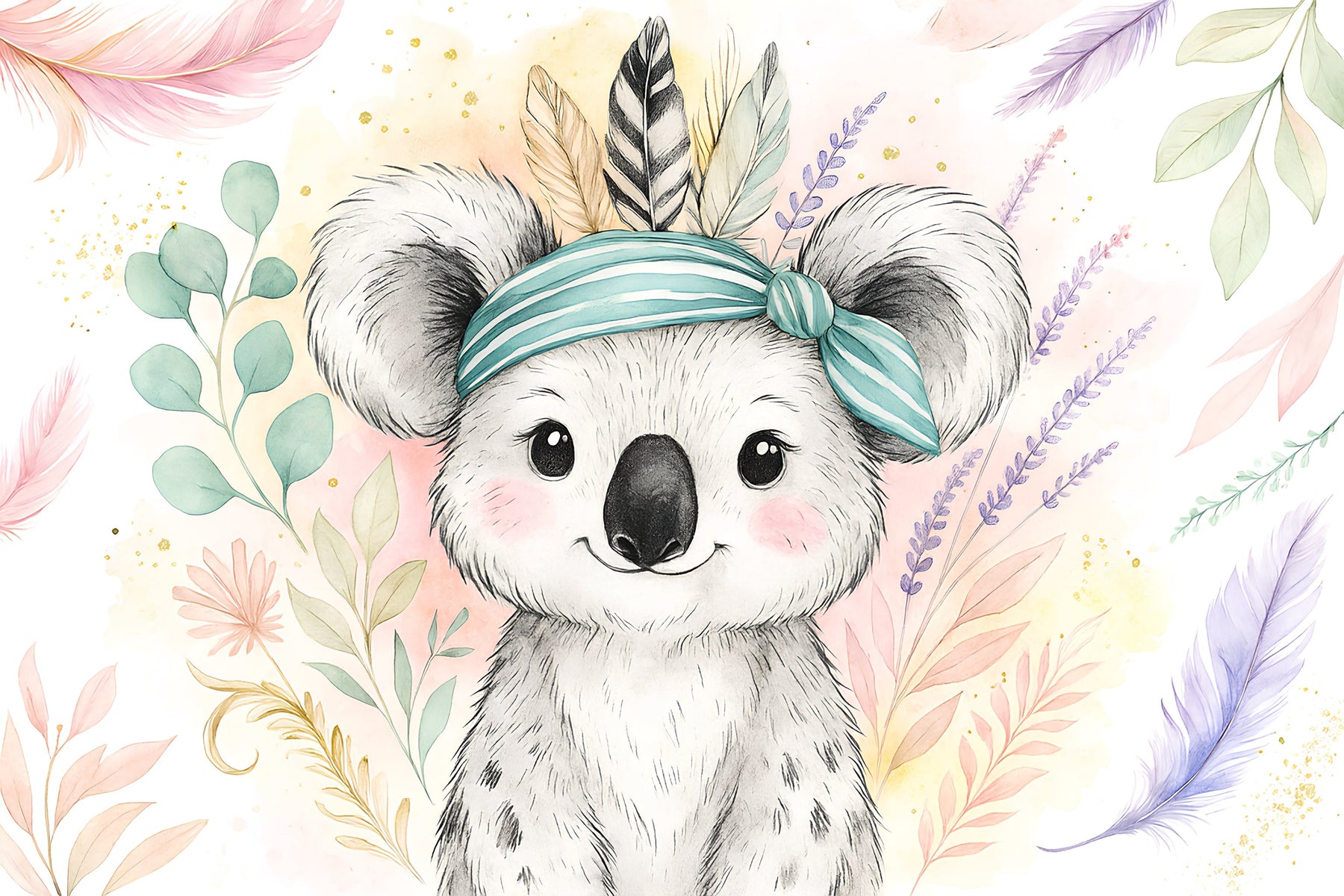 Detailed koala mural wallpaper design pattern with striped headband and botanical elements by Kids-Mundo