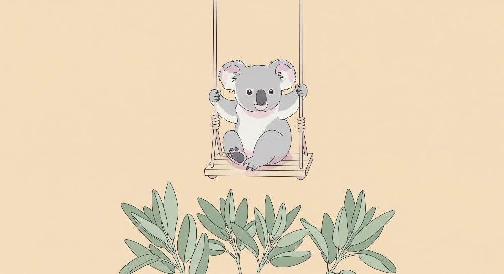 Detailed koala on swing mural wallpaper design pattern with green foliage by Kids-Mundo
