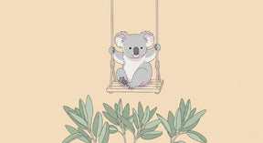 Detailed koala on swing mural wallpaper design pattern with green foliage by Kids-Mundo