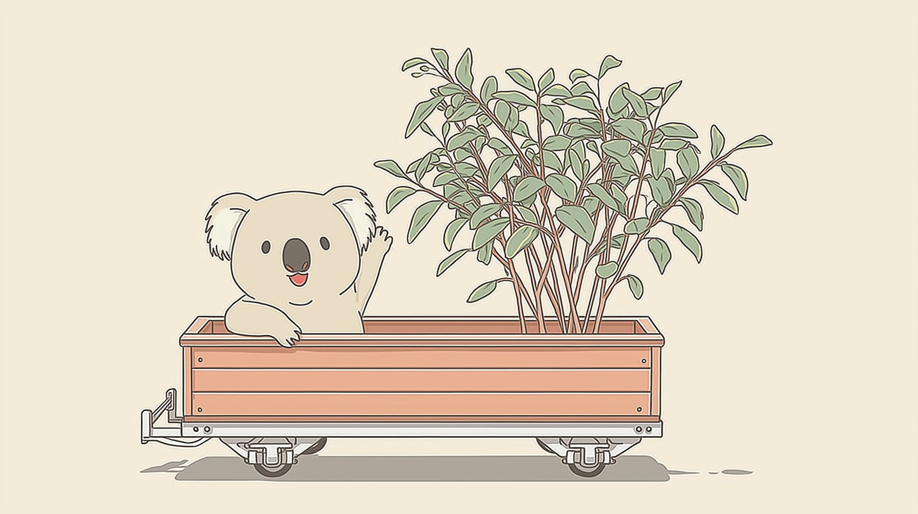 Detailed koala mural wallpaper design pattern with wooden cart and green foliage by Kids-Mundo