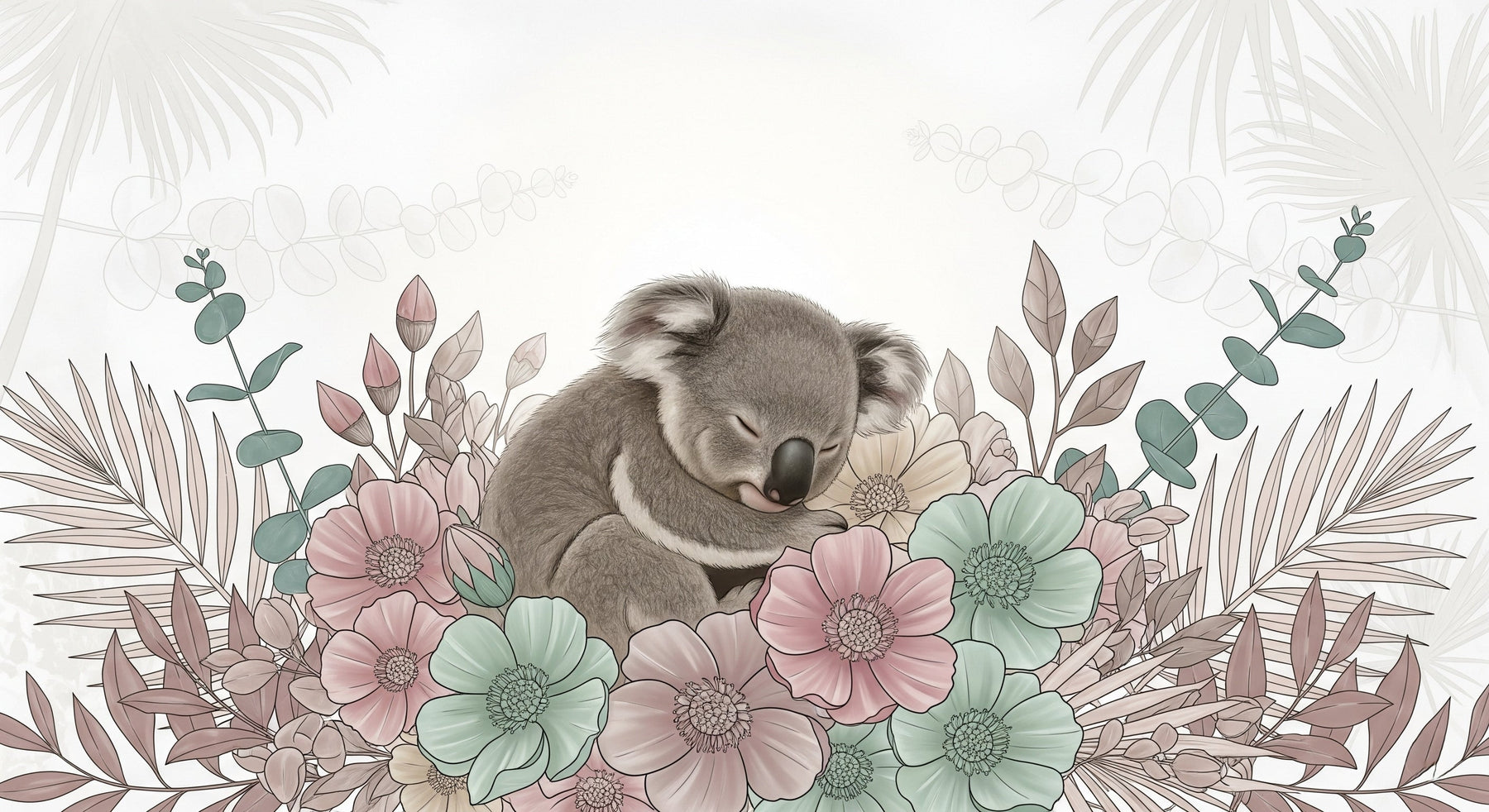 Detailed koala mural wallpaper design pattern showing sleeping animal among eucalyptus flowers by Kids-Mundo