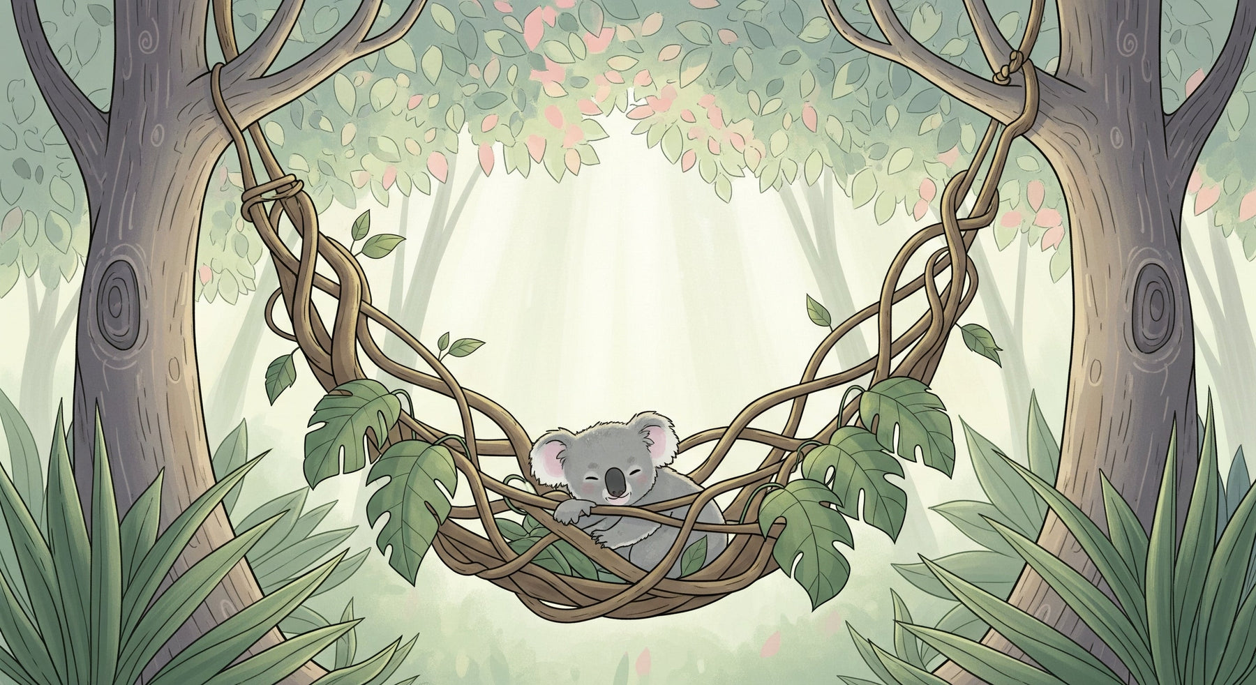 Detailed koala in hammock mural wallpaper design pattern with tropical leaves and soft green tones by Kids-Mundo