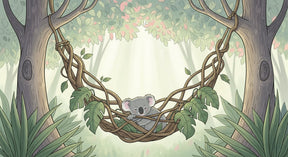 Detailed koala in hammock mural wallpaper design pattern with tropical leaves and soft green tones by Kids-Mundo