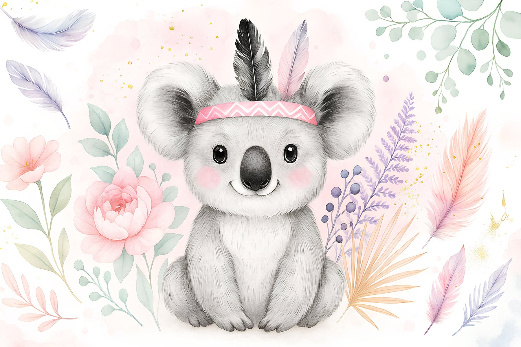 Detailed koala with flowers mural wallpaper design pattern by Kids-Mundo