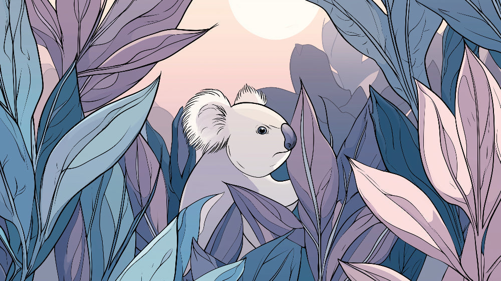 Detailed koala among lush leaves mural wallpaper design pattern with soft color palette by Kids-Mundo