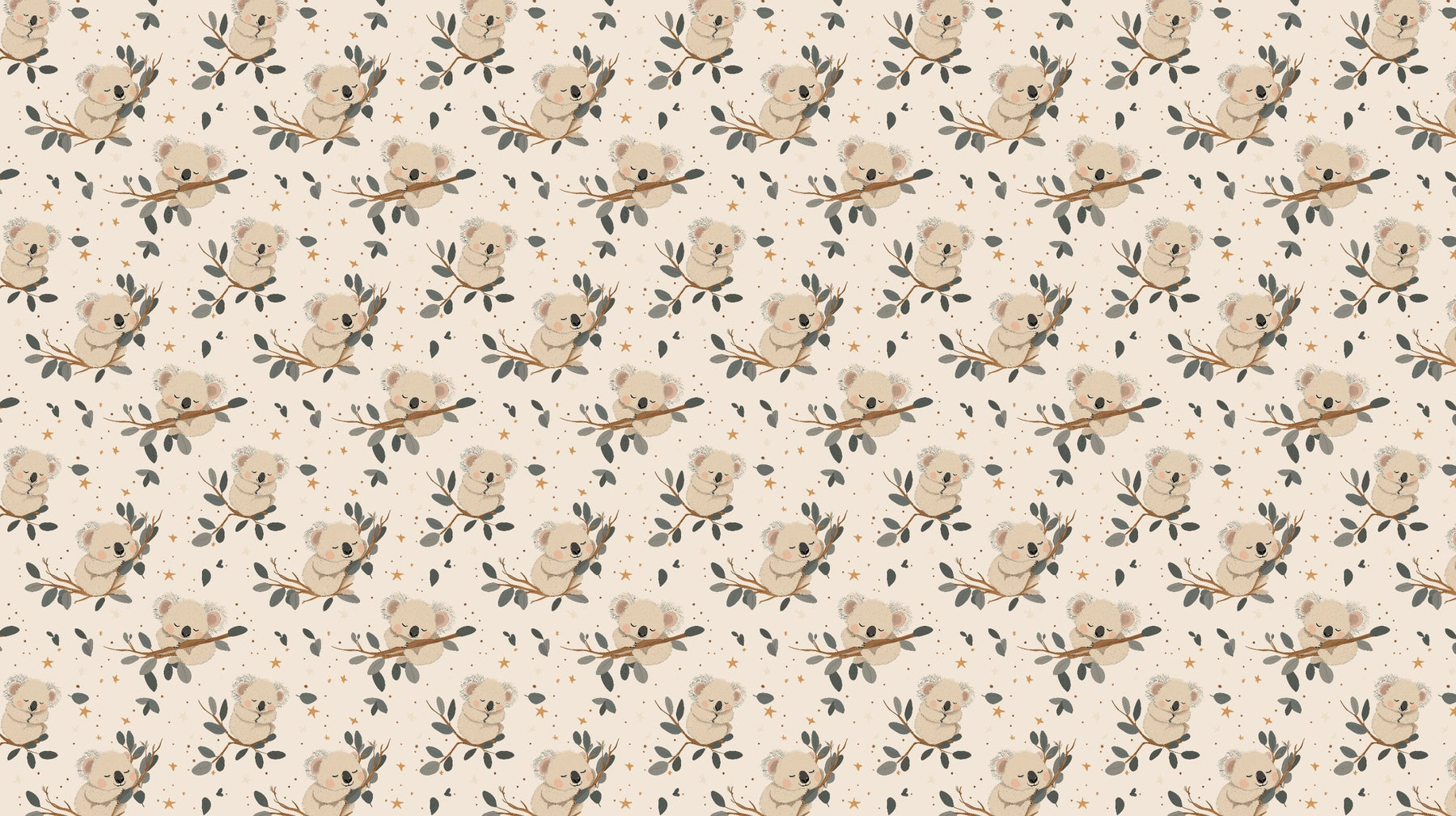 Detailed koala mural wallpaper design pattern with eucalyptus branches and golden stars by Kids-Mundo