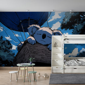 Peaceful koala sky theme mural wallpaper creating serene atmosphere in toddler bedroom