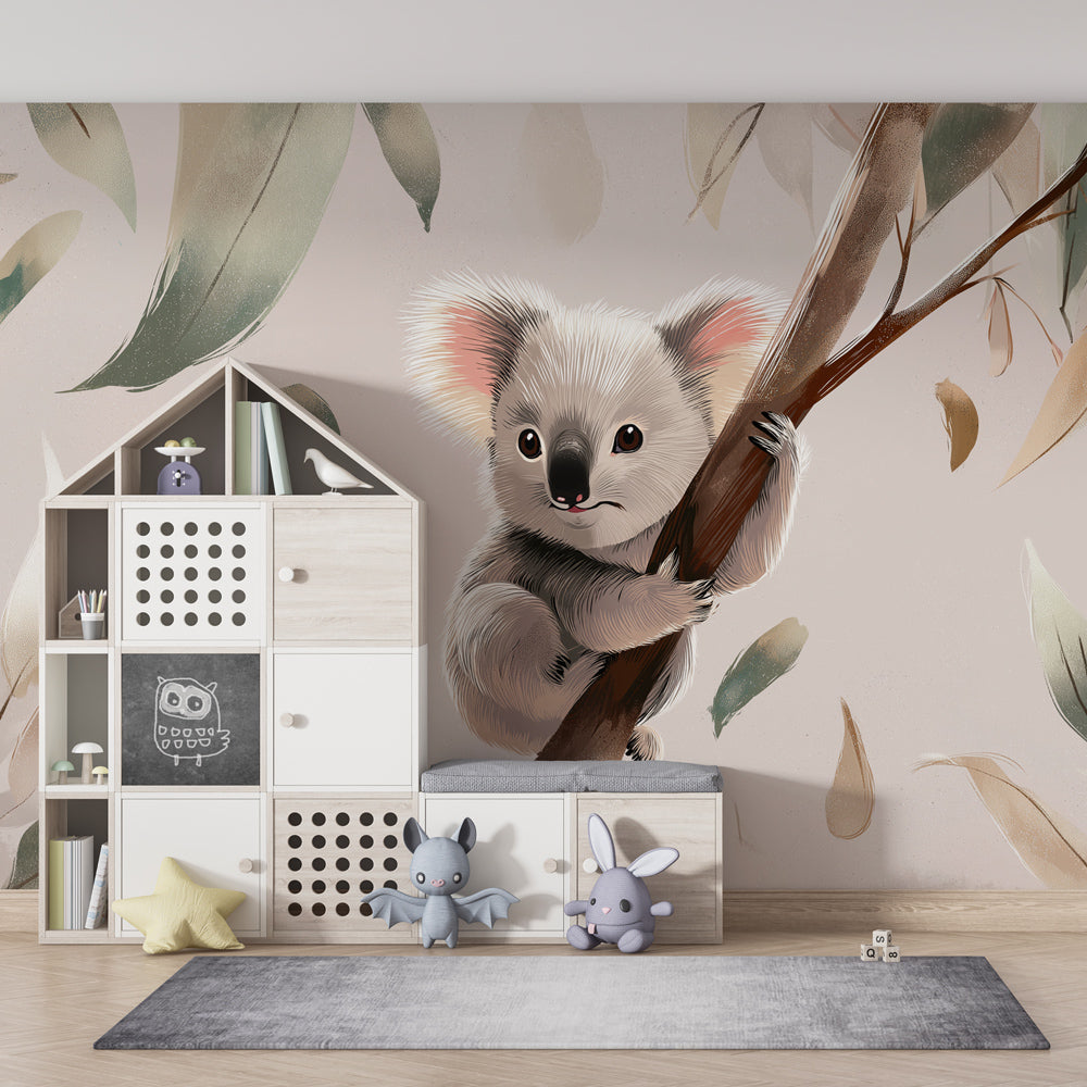 Peaceful koala nature wallpaper creating serene children's bedroom atmosphere