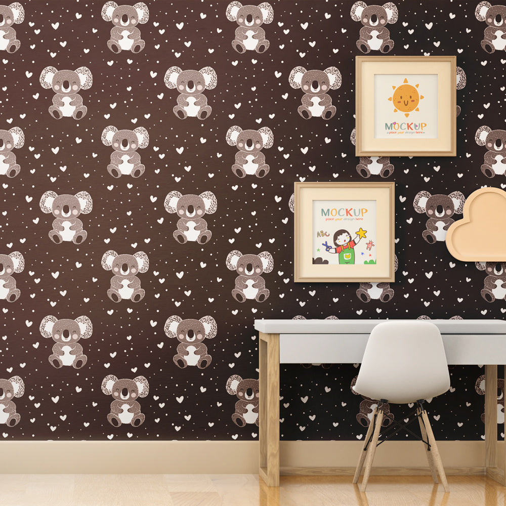 Modern kids room with koala mural wallpaper showcasing gentle animals and sophisticated black backdrop