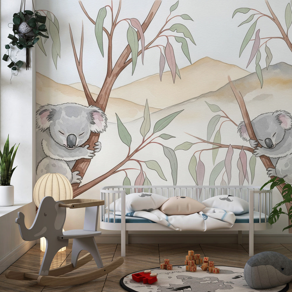 Australian koala themed mural wallpaper for kids room with soft green and gray tones