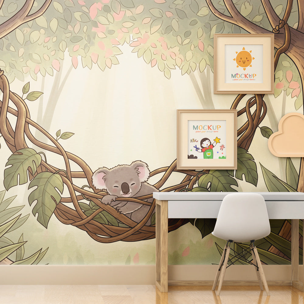 Sleeping koala mural wallpaper with lush green foliage creating calming kids room environment by Kids-Mundo