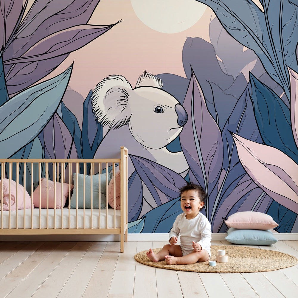 Peaceful koala mural wallpaper creating serene nursery atmosphere with soft natural tones by Kids-Mundo