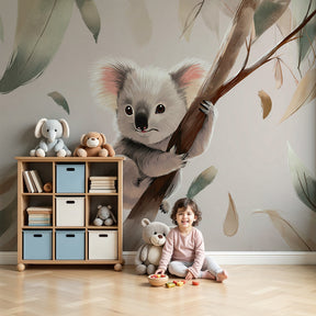 Cute koala mural wallpaper in modern nursery with natural wood crib by Kids-Mundo