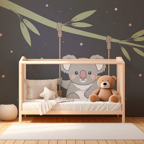 Starlit koala animal mural wallpaper for baby room showcasing celestial night theme by Kids-Mundo