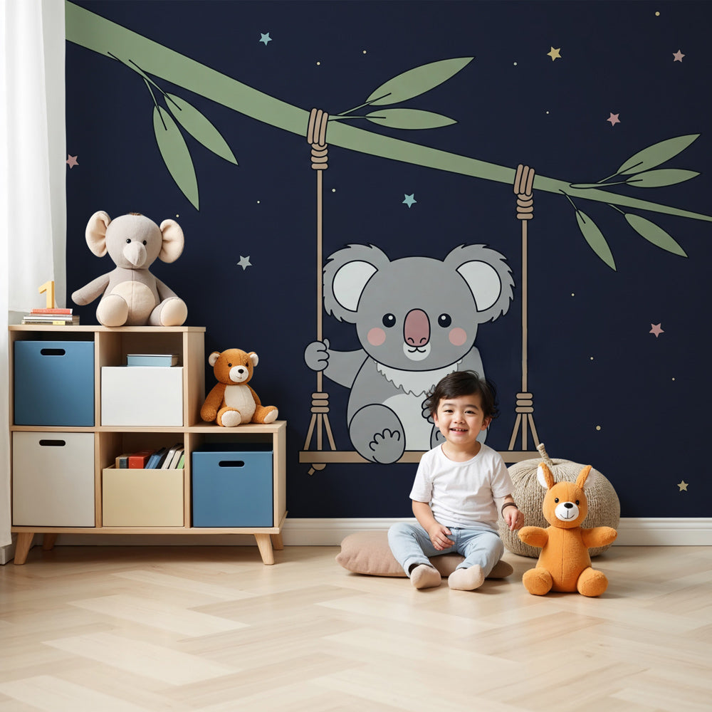 Koala starry night mural wallpaper in modern baby nursery with crib and natural decor by Kids-Mundo