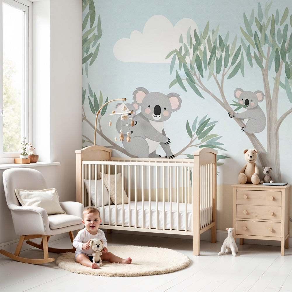 Koala mural wallpaper in peaceful nursery with natural wood crib by Kids-Mundo
