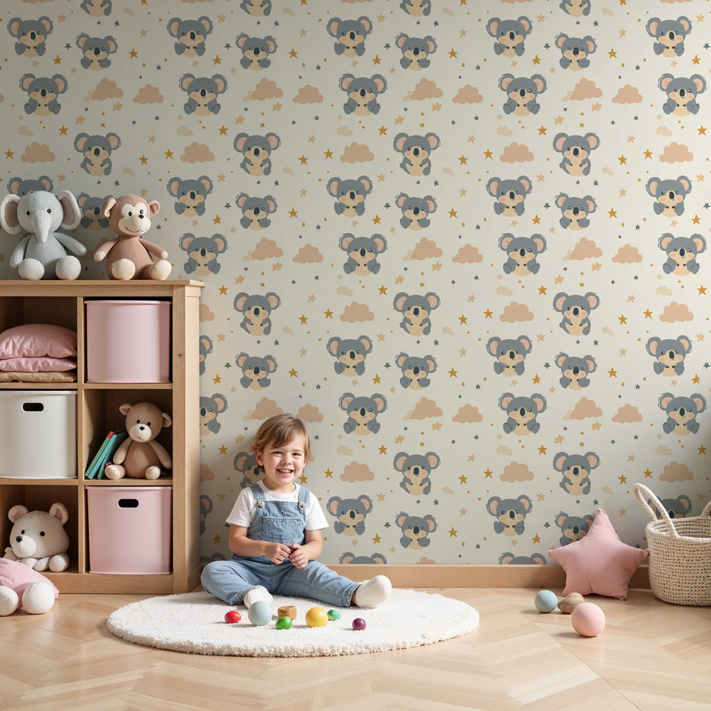 Koala mural wallpaper with clouds and stars in modern nursery room by Kids-Mundo