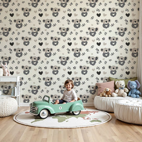 Koala mural wallpaper with hearts and leaves in modern nursery room by Kids-Mundo